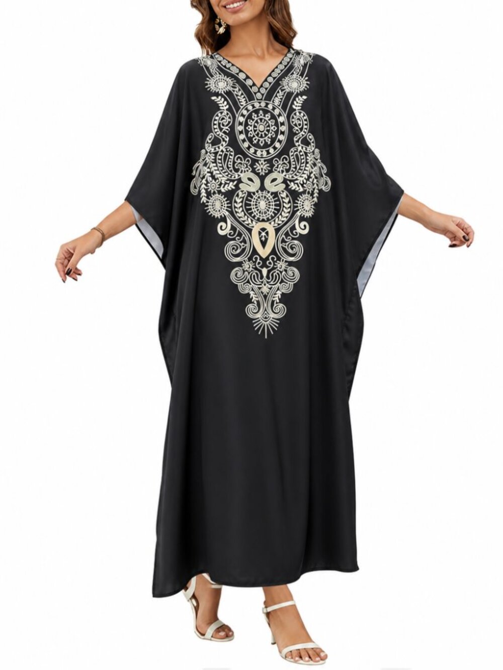 Women Plus Size Polyester Caftan Dress Embroidery Printed Swimsuit Cover Up Maxi